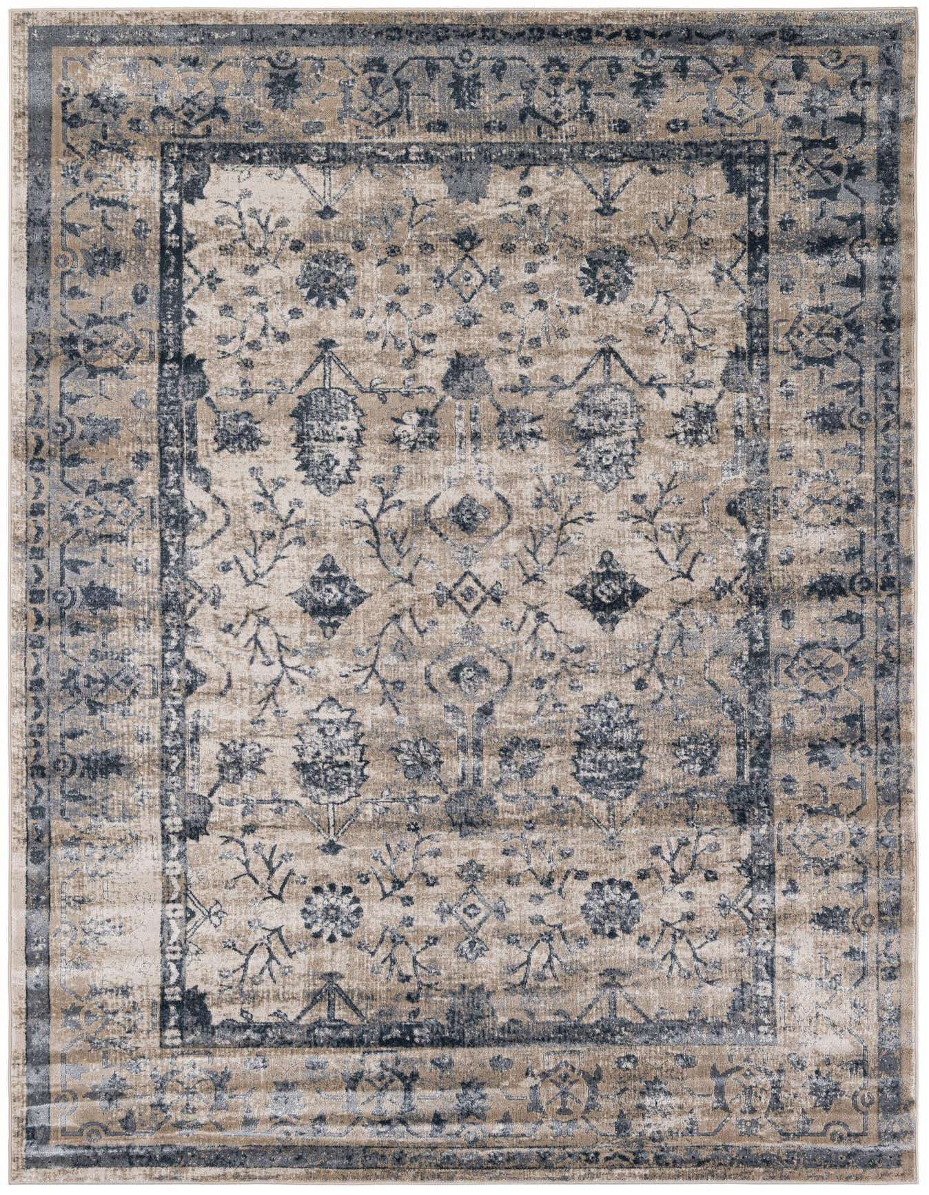 A 5x8 rectangular Eliza collection rug featuring a distressed vintage Oriental pattern in shades of brown, tan, and cream.