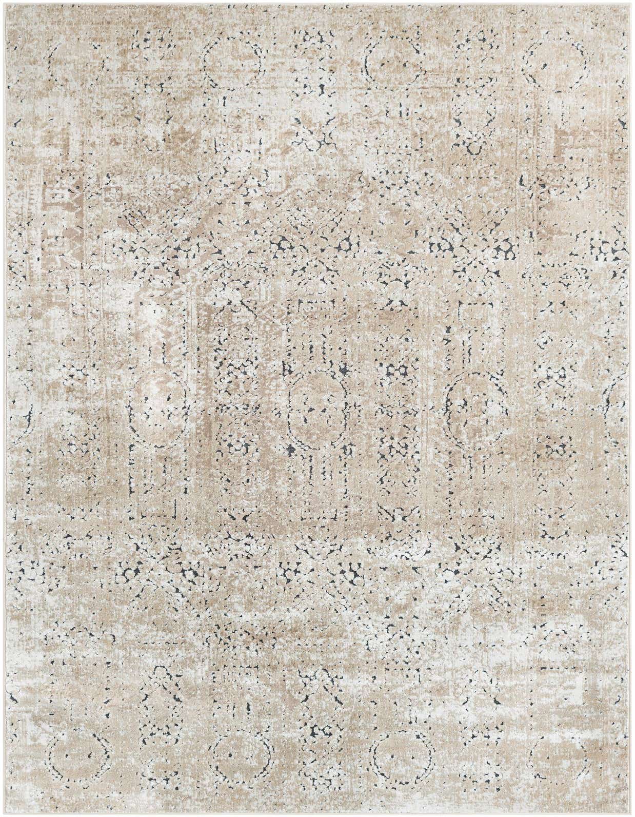 A 5x8 rectangular Eliza collection rug featuring a distressed traditional medallion pattern in browns, tans, and ivories.