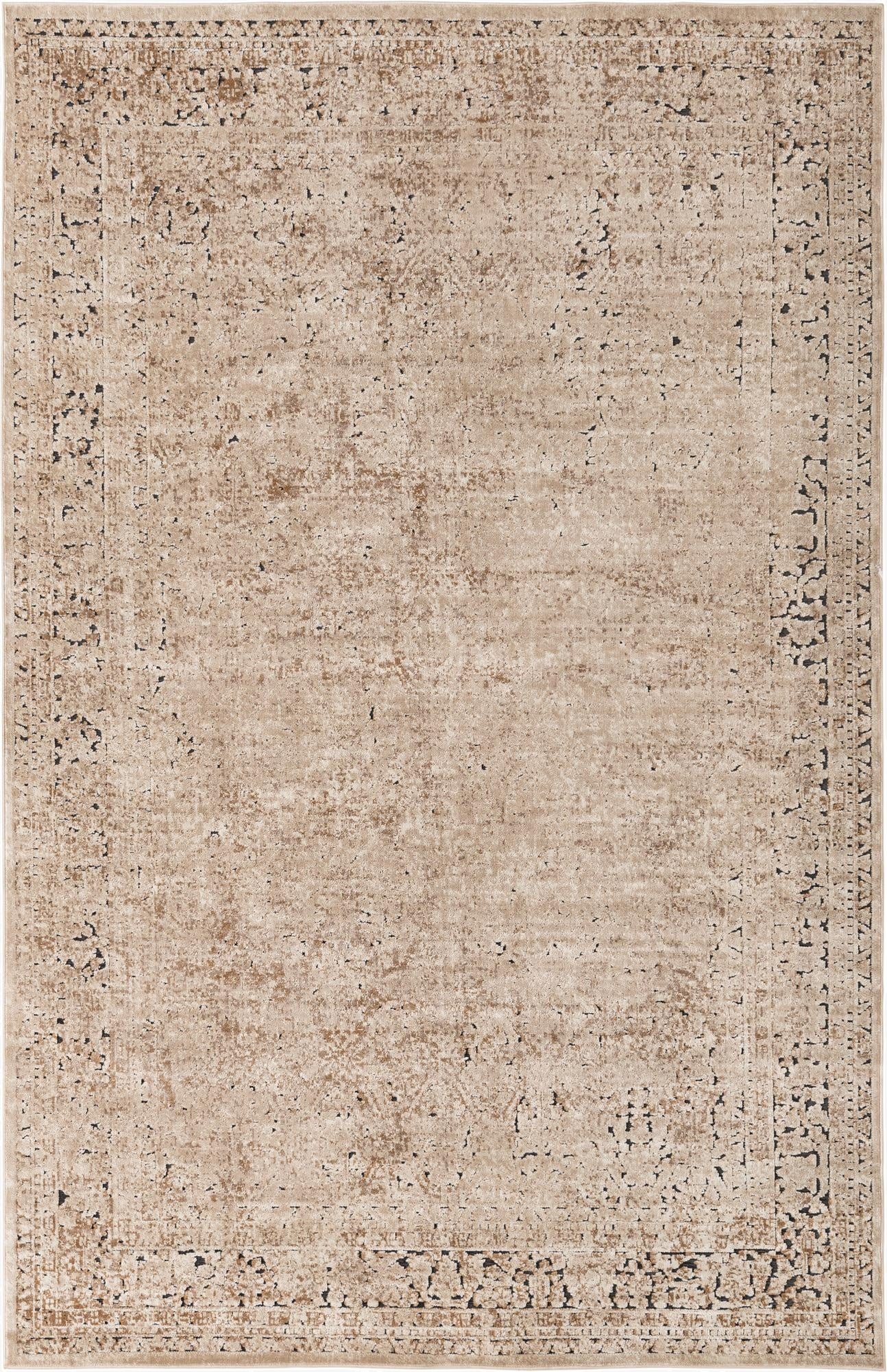 A 6x9 rectangular Rugs.com Eliza rug with a distressed traditional pattern in shades of brown, tan, and cream.