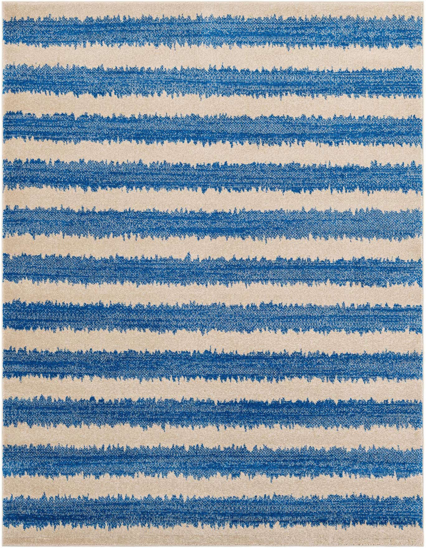 A 5x8 rectangular indoor rug featuring a modern pattern of distressed horizontal blue stripes on a light beige background.