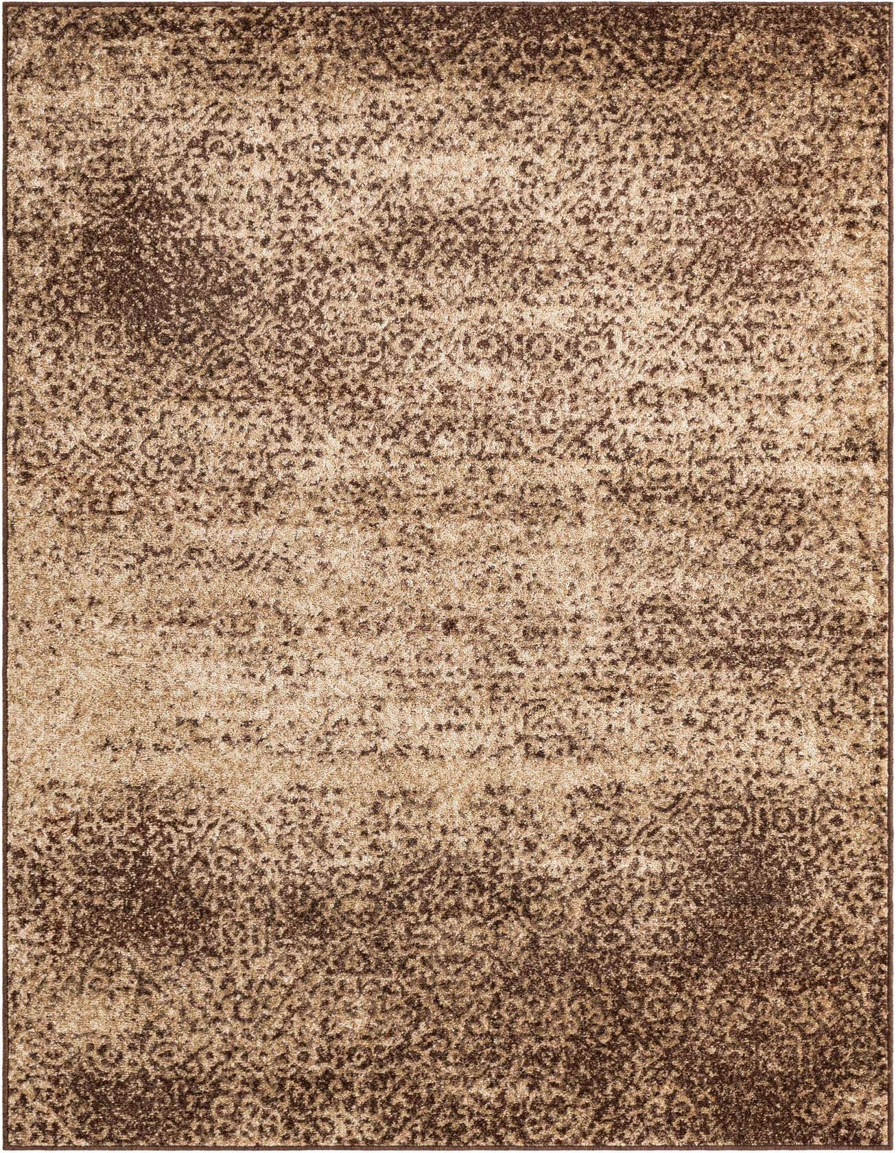 A rectangular 5x8 area rug featuring an abstract pattern in varying shades of brown, tan, and cream.