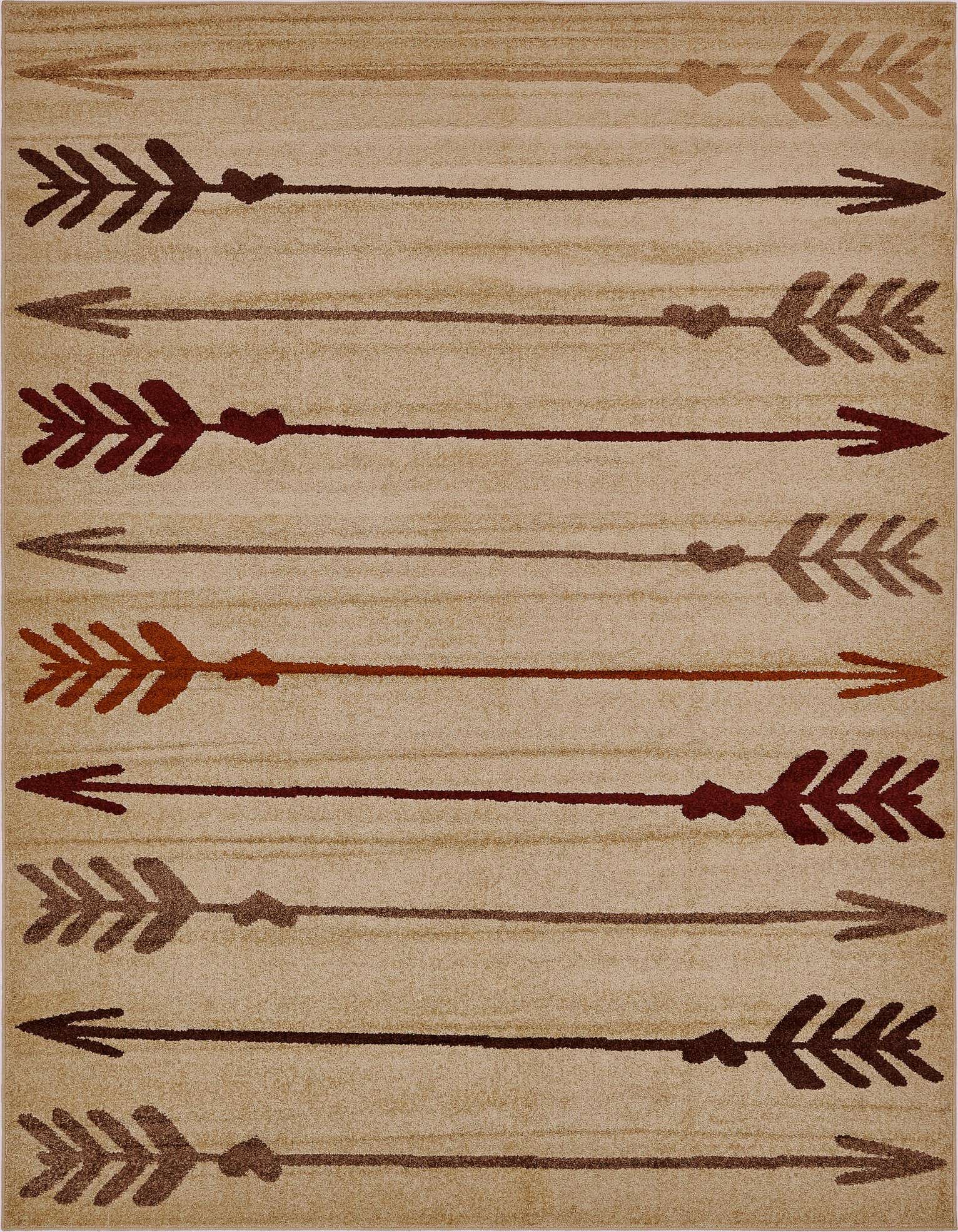 A 9x12 rectangular indoor rug featuring a southwestern-inspired arrow pattern in varying shades of brown and tan on a cream background.