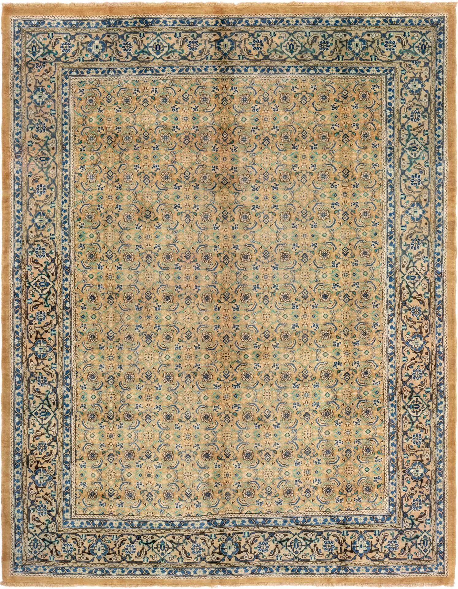A 10x13 rectangular Farahan rug featuring a tribal Persian pattern in browns, tans, ivories, and blues, ideal for a living room.
