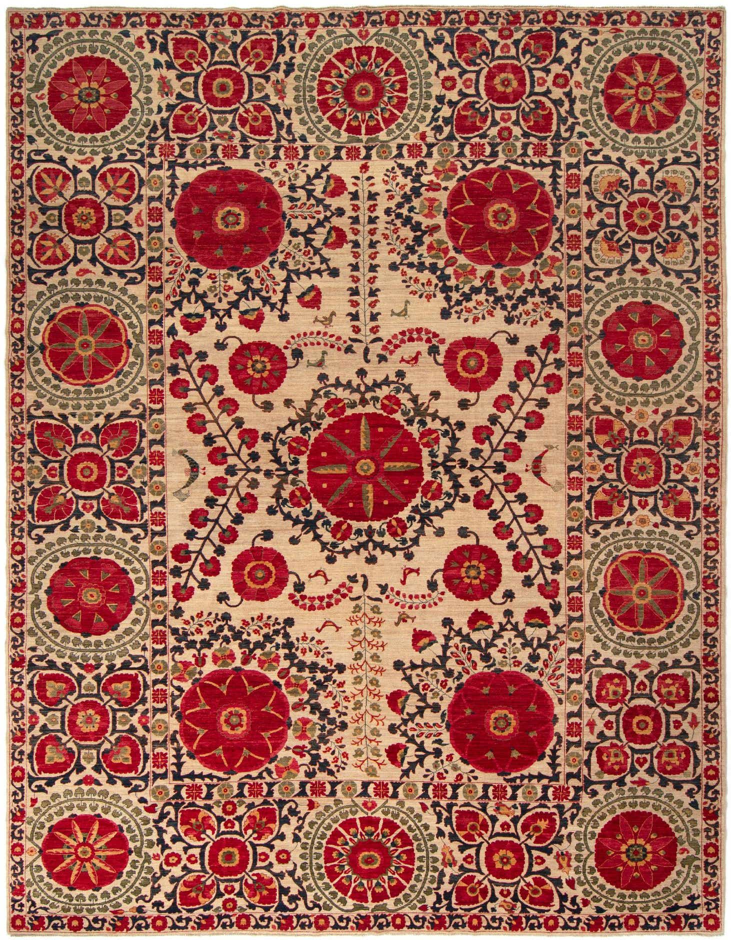 A 10x14 rectangular Persian wool rug featuring an ivory and tan background with a vibrant red, blue, and green floral medallion pattern and intricate border.