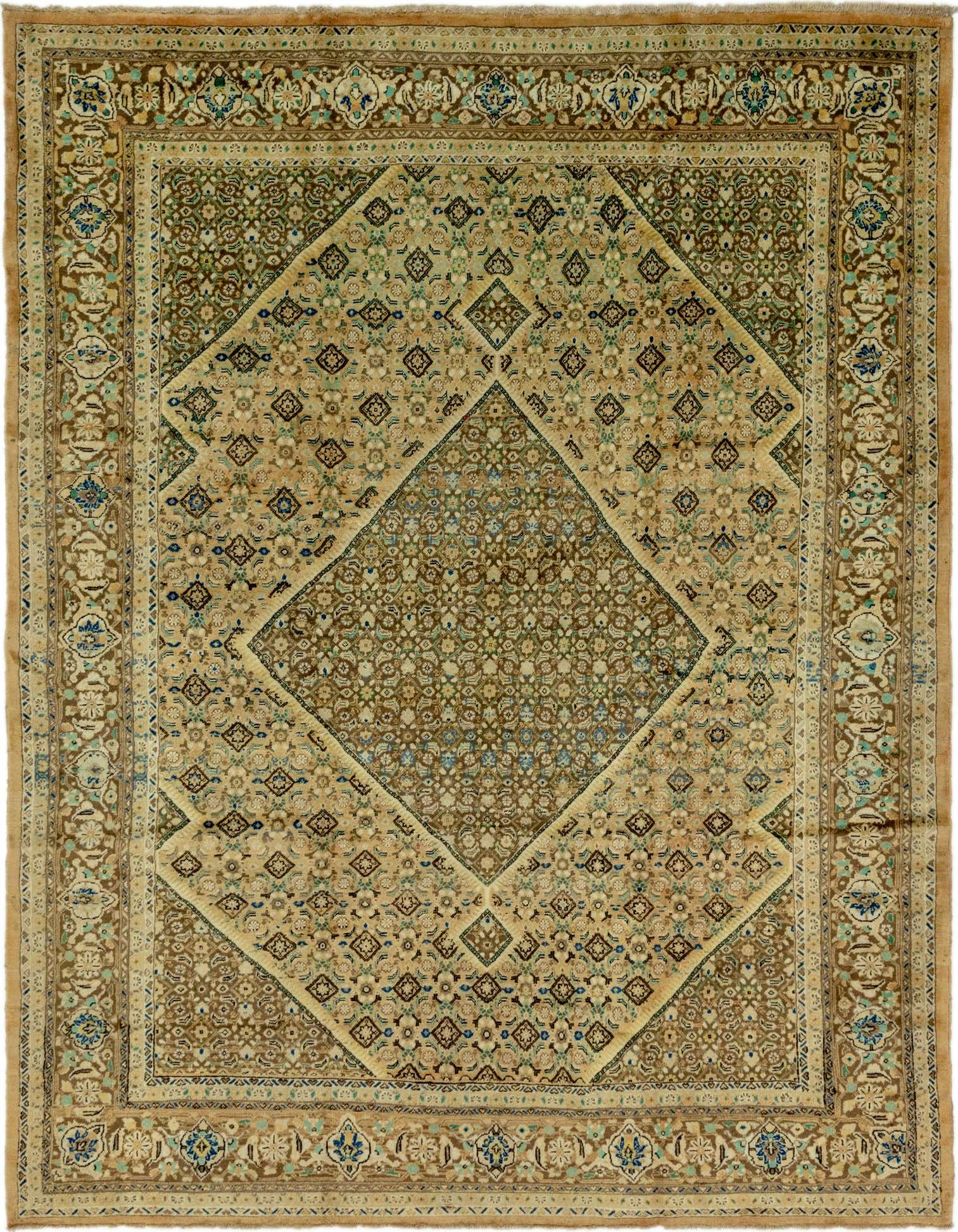 A large 10x13 rectangular Farahan Persian rug with a complex medallion pattern in browns, tans, and ivories, featuring intricate floral and tribal motifs.