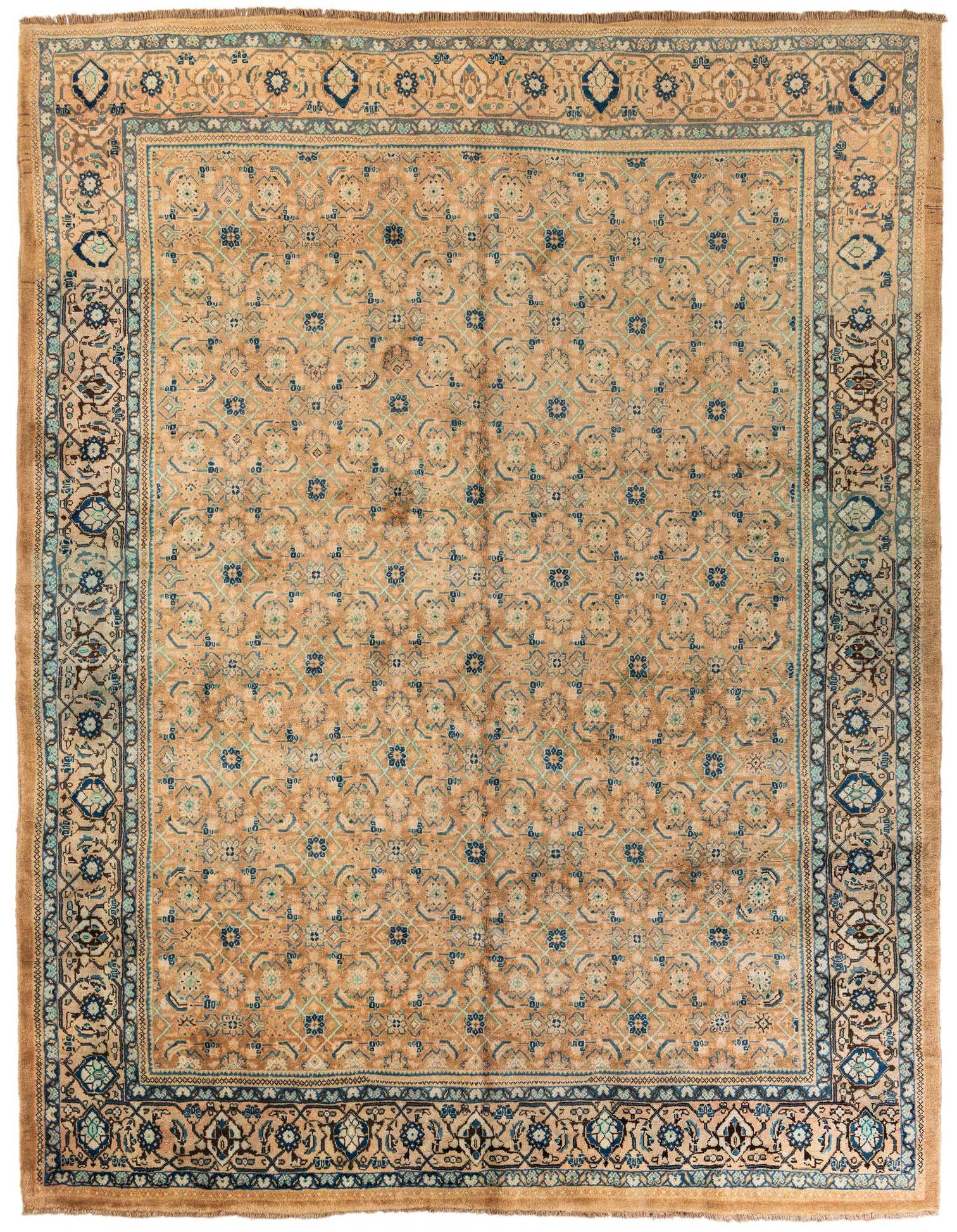 A 10x13 rectangular Farahan rug featuring a traditional Persian pattern in shades of brown, tan, and ivory with blue accents.