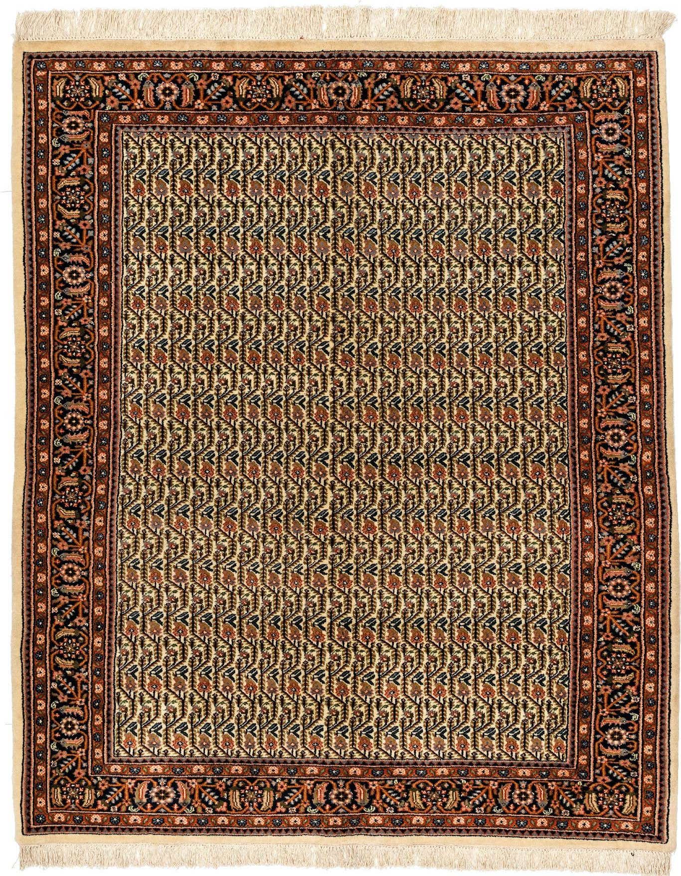 A 4x6 rectangular Ferahan rug featuring a detailed traditional pattern in browns, tans, and ivories with a fringed edge.