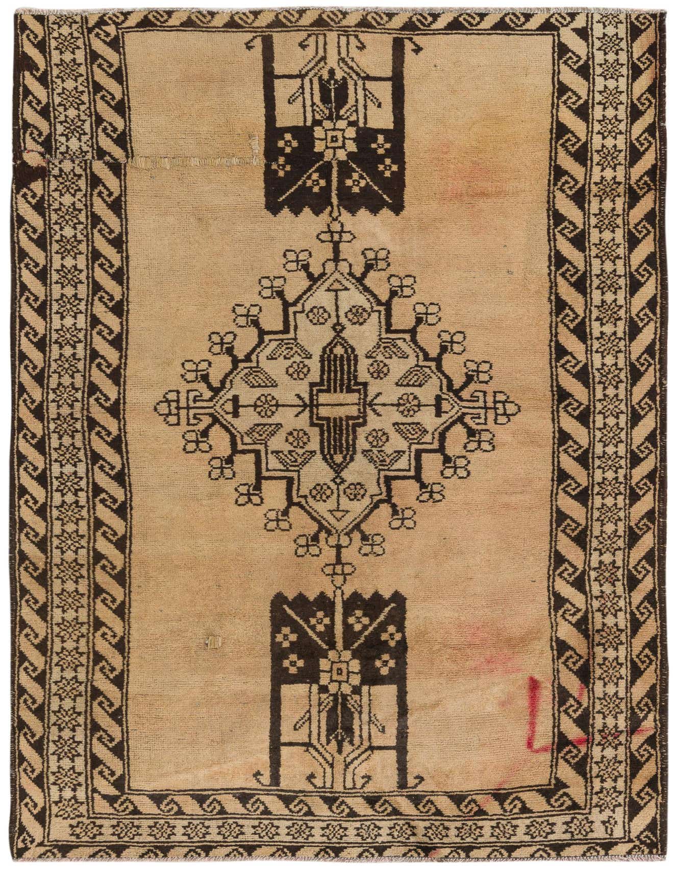 A 4x6 rectangular Ferdos wool rug featuring a traditional tribal medallion design in brown and cream.
