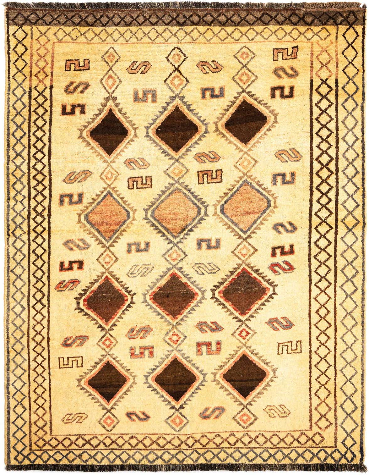 A 5x8 rectangular Gabbeh rug featuring a cream field with large brown and tan diamond patterns, surrounded by a geometric border.
