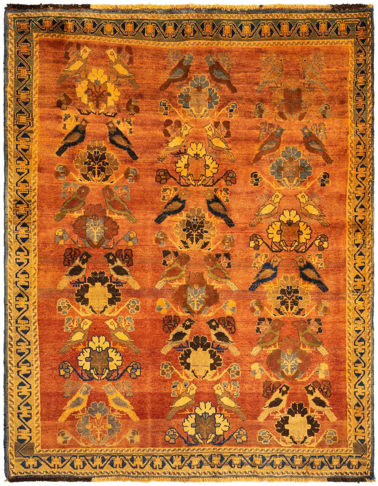 A 5x8 rectangular Gabbeh rug featuring a Persian bird and floral pattern in warm browns, tans, and ivories.