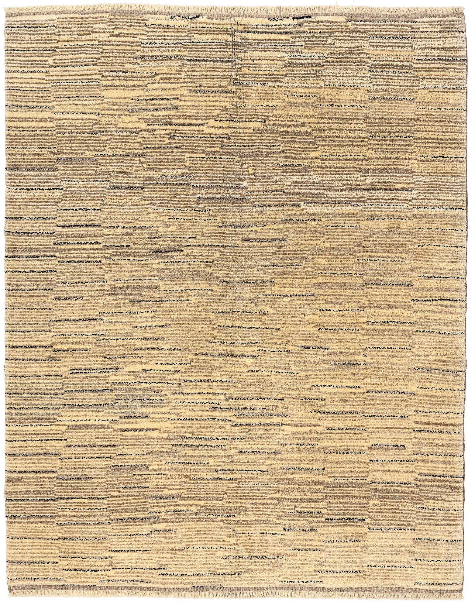 A 4x6 rectangular Gabbeh rug featuring a modern striped pattern in varying shades of brown, tan, and cream.