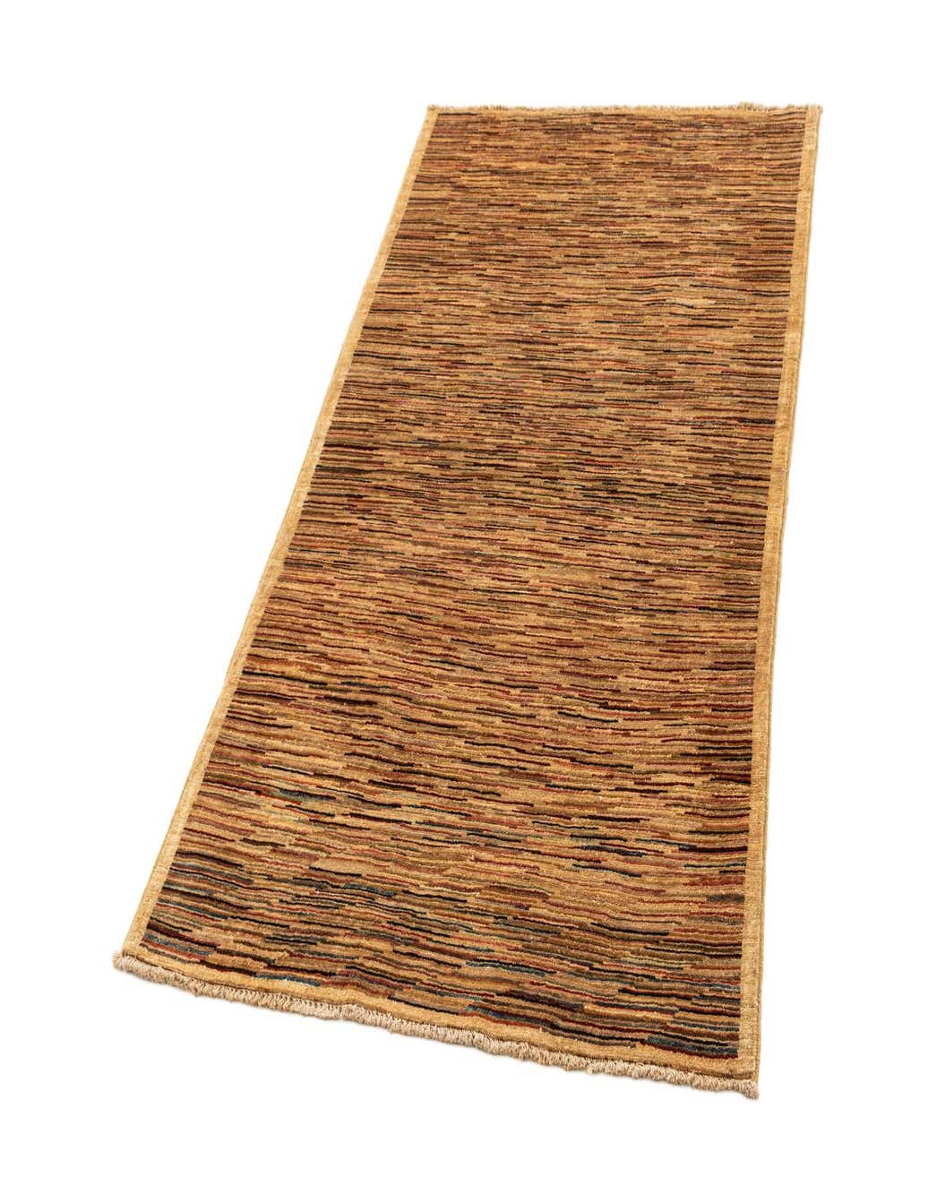 A 4x6 rectangular Gabbeh rug featuring a modern striped pattern in various shades of brown, tan, and cream.