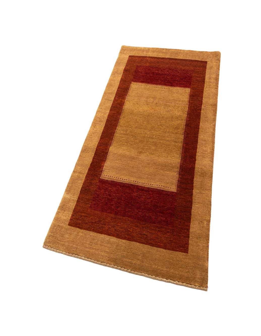 A 4x6 rectangular Gabbeh rug in shades of brown and tan, featuring a modern border design, perfect for an indoor living space.