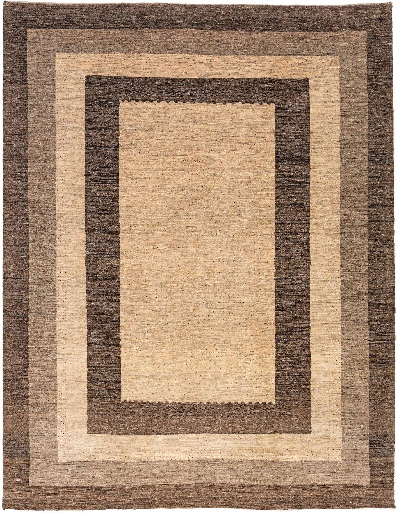 A 6x9 rectangular Gabbeh rug featuring a modern striped border design in shades of brown, tan, and ivory.