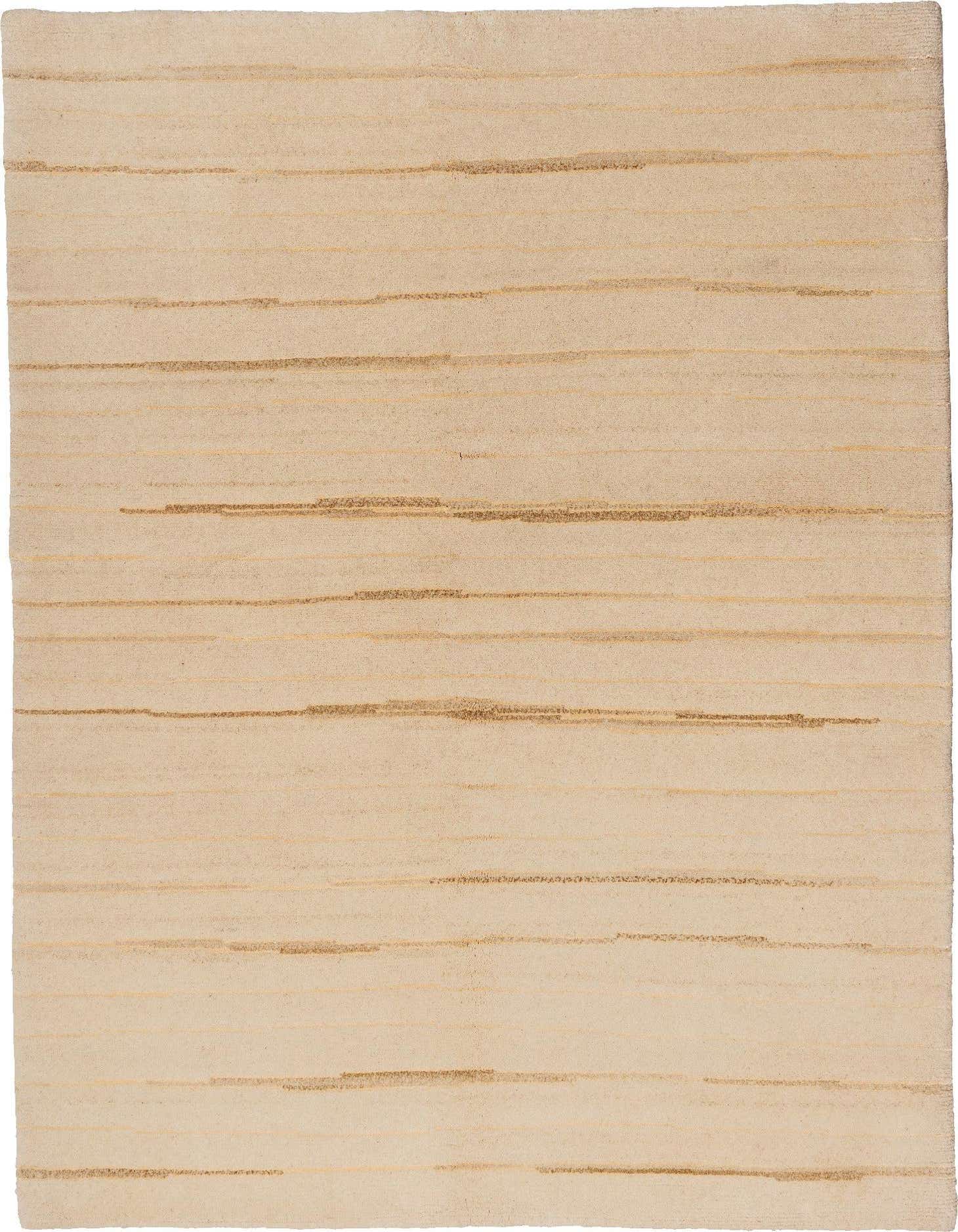 A 4x6 rectangular Gabbeh rug in shades of brown and tan, featuring a modern striped pattern, suitable for a living room.