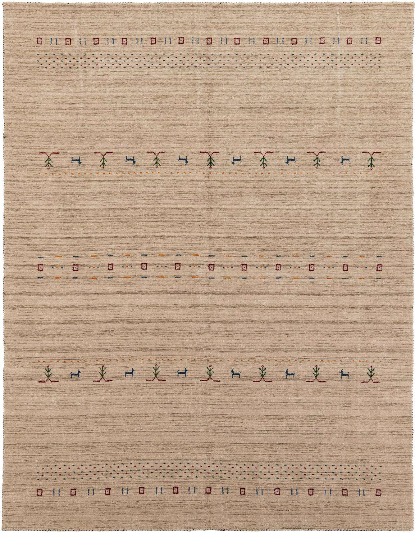 A 7x10 rectangular Gabbeh wool rug in shades of tan and brown, featuring modern geometric and animal patterns.