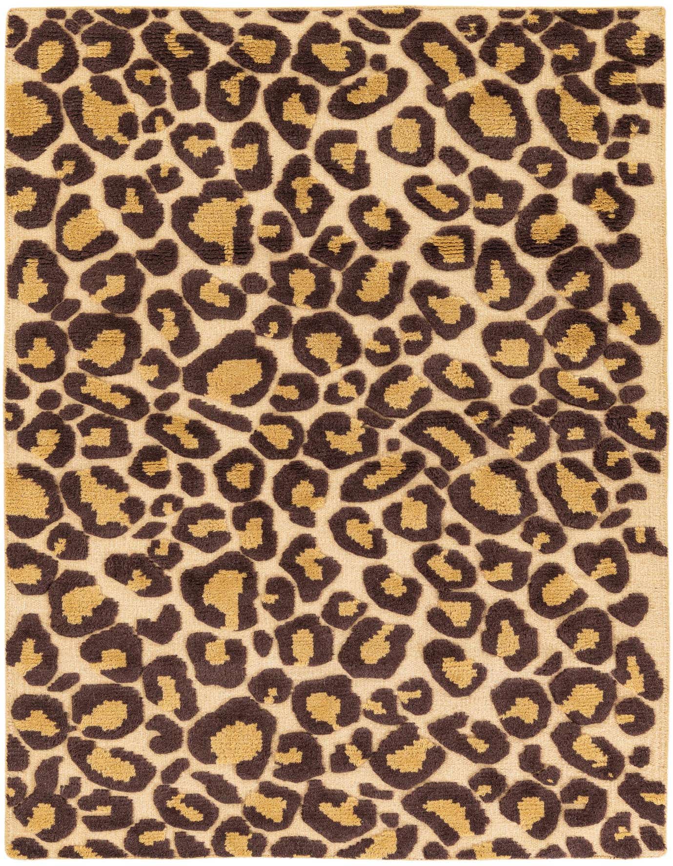 A 4x6 rectangular Gabbeh rug featuring a modern leopard print pattern in shades of brown, tan, and cream.
