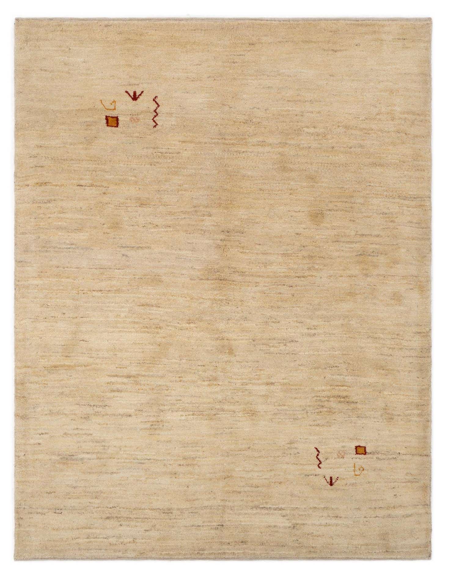 A 4x6 rectangular Gabbeh Shouli wool rug in shades of brown and ivory with subtle modern Persian motifs.