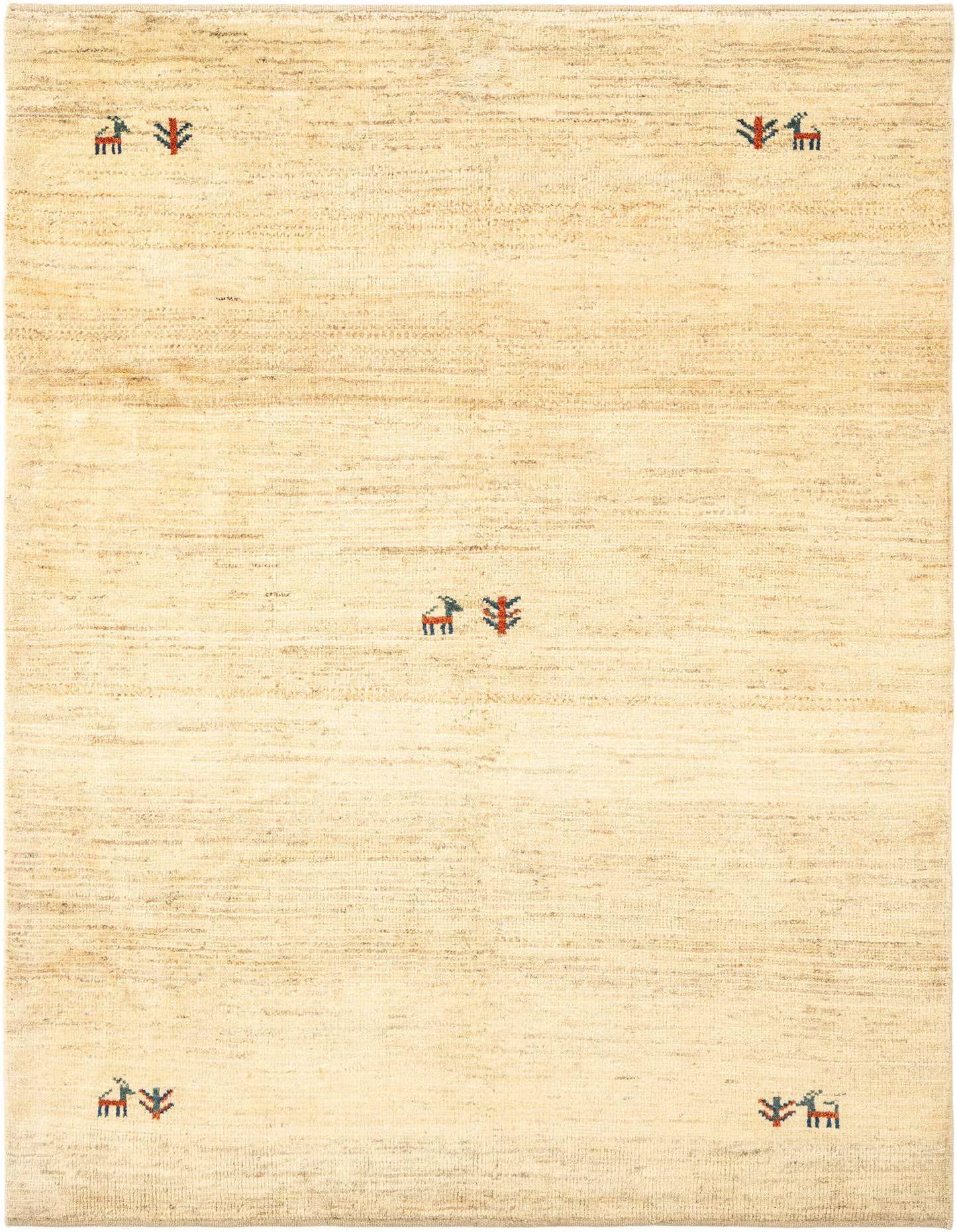 A 4x6 rectangular Gabbeh Shouli rug in shades of brown and cream, featuring a modern, minimalist design with small, colorful abstract motifs.