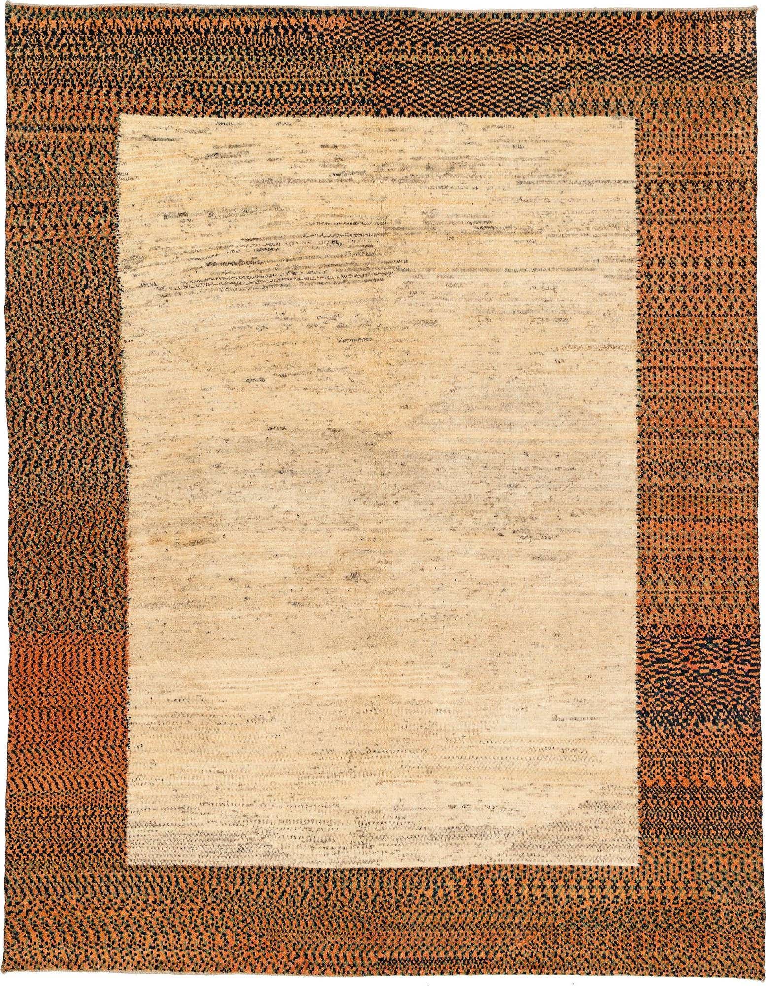 A 5x8 rectangular Gabbeh Shouli rug with a cream center and a wide textured brown and black modern border.