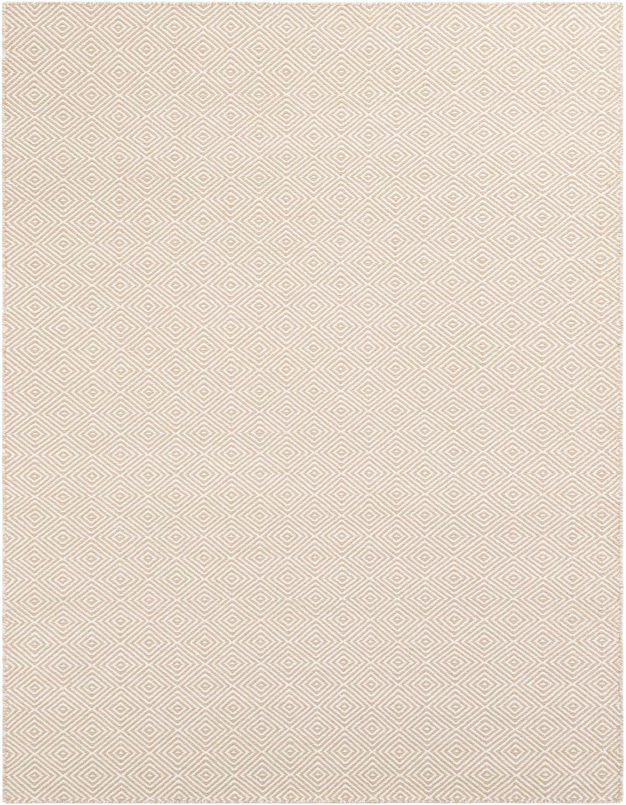 A 5x8 rectangular flatweave rug featuring a repeating geometric trellis pattern in warm brown and ivory tones.