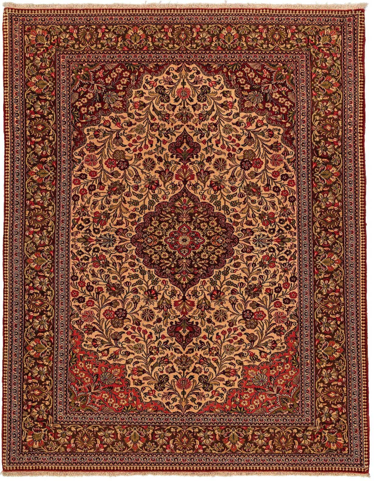 A rectangular 4x6 Ghom rug featuring a detailed traditional floral pattern in browns, tans, and ivories with a rich red border.