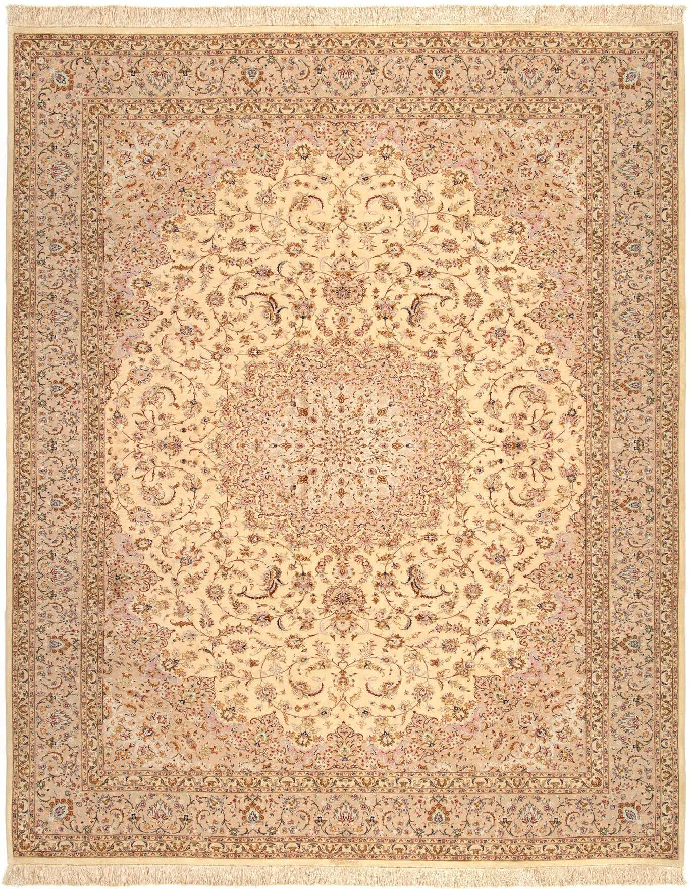 An 8x11 rectangular Ghom Silk Persian rug in ivory and tan, featuring an intricate floral medallion pattern.