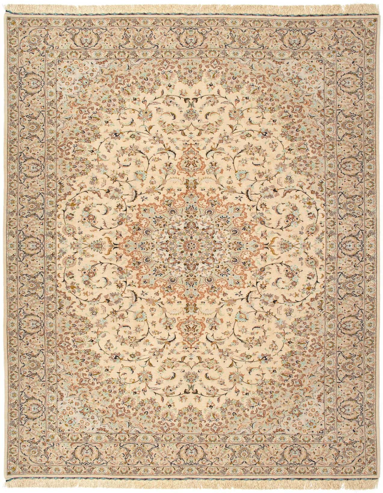 A 6x9 rectangular Ghom Silk Persian rug in browns, tans, and ivories, featuring an intricate floral medallion pattern.
