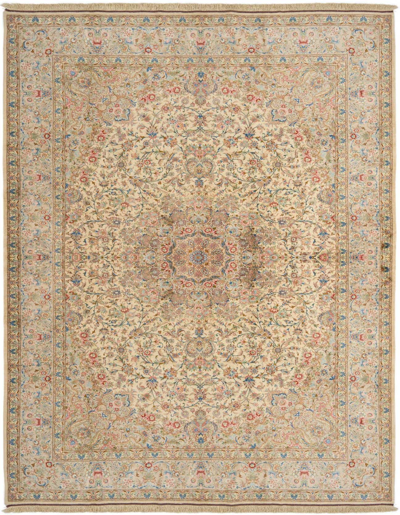 A 7x10 rectangular Ghom Silk Persian rug featuring an intricate floral medallion pattern in ivories, creams, browns, and soft blues.