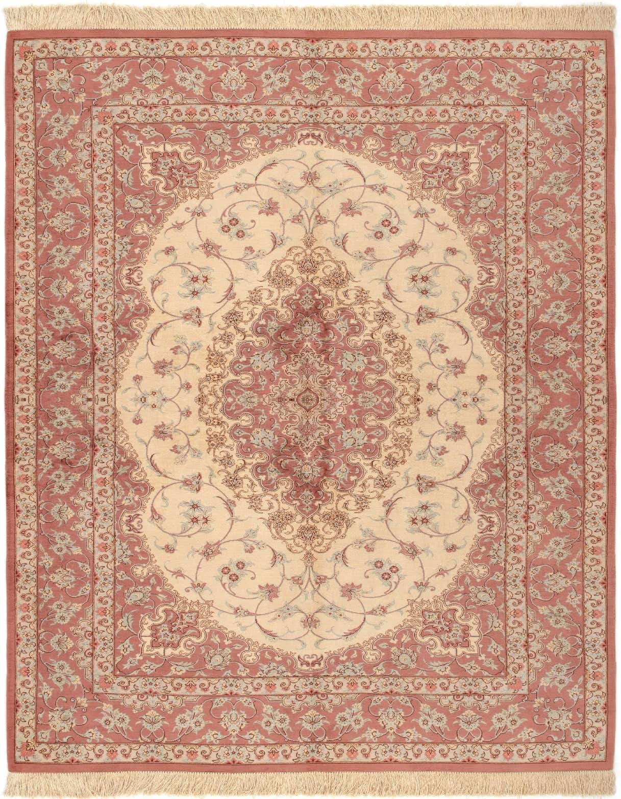 A rectangular 4x6 Ghom Silk Persian rug featuring a central medallion and floral motifs in browns, tans, and ivories.