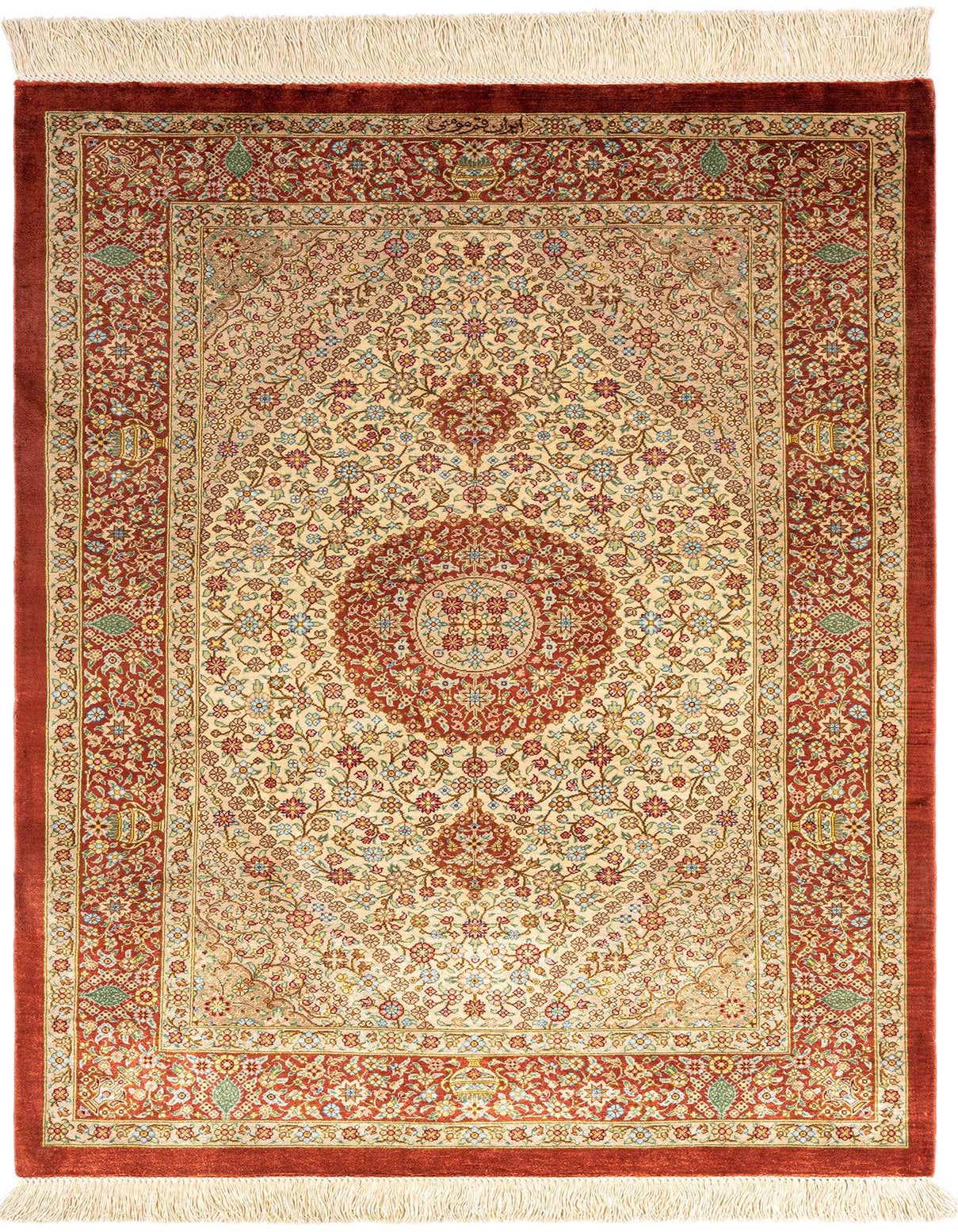 A 3x4 rectangular Ghom Silk Persian rug featuring a detailed floral medallion in red and brown on a cream background, with a wide red border and white fringe.