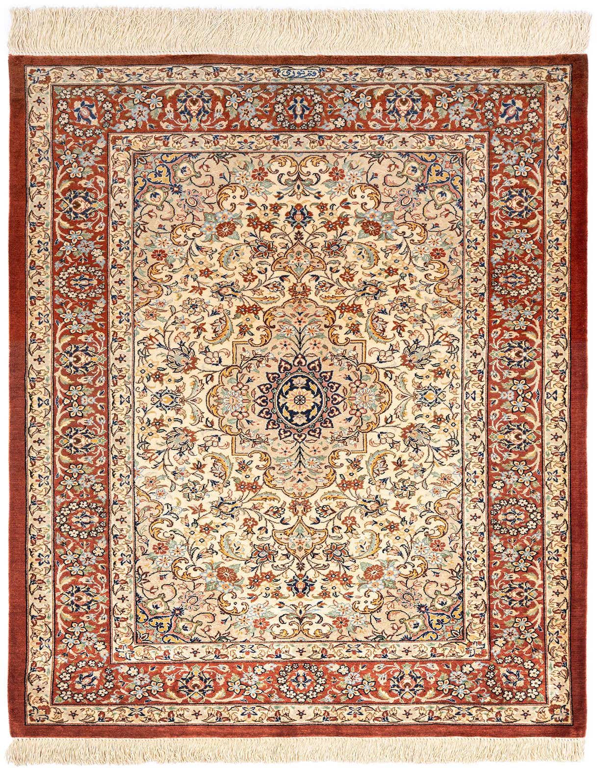 A 3x4 rectangular Ghom Silk Persian rug with a cream field, intricate floral patterns, and a rust-red border.