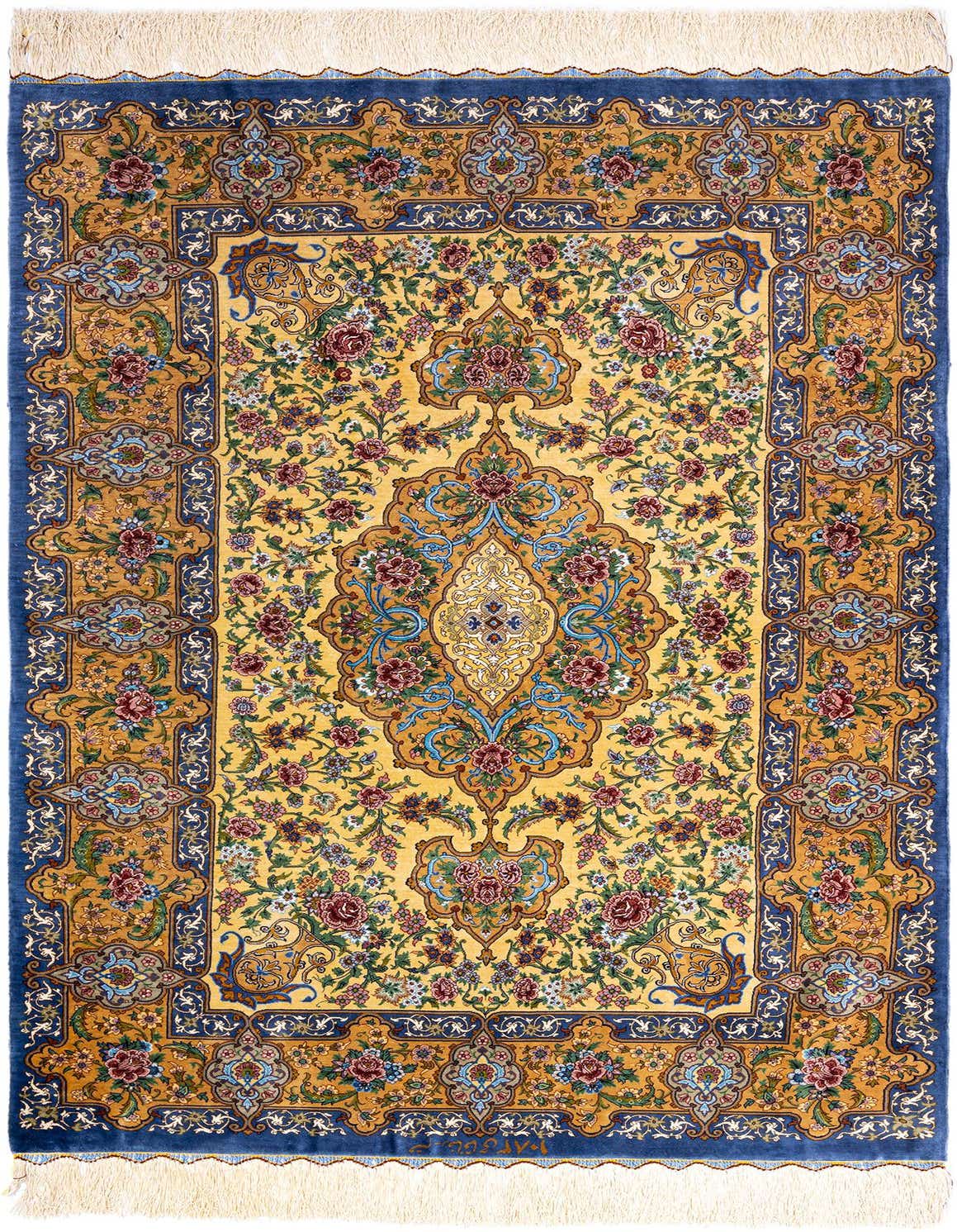 A luxurious 3x5 rectangular Persian silk rug with a central medallion, featuring intricate floral patterns in rich browns, tans, and creams, bordered by deep blue.