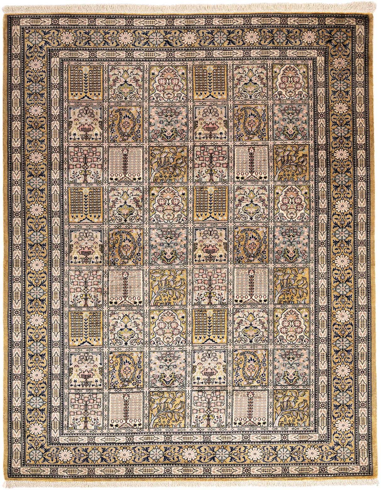 A 3x5 rectangular Ghom Silk Persian rug featuring a grid of floral and botanical motifs in brown, ivory, and tan.