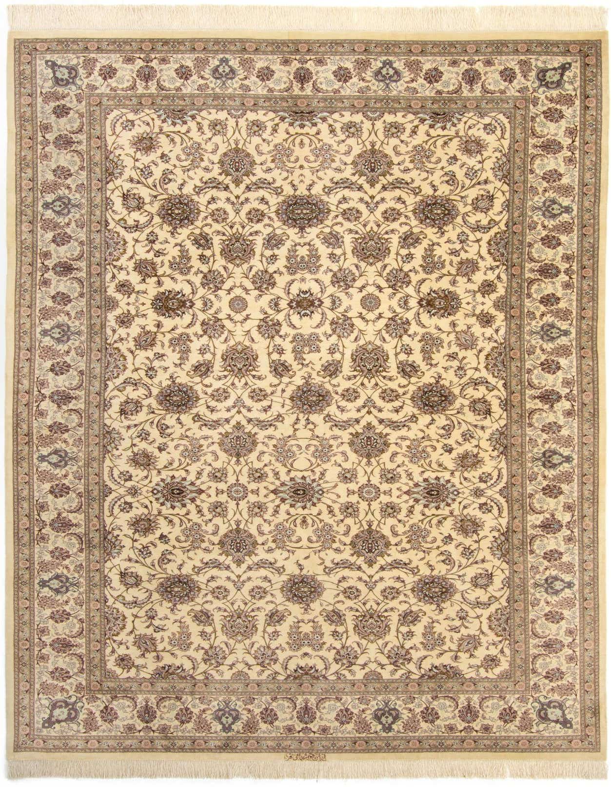 A 6x9 rectangular Ghom Silk rug with a cream background and intricate brown and tan Persian floral patterns, ideal for a living room.