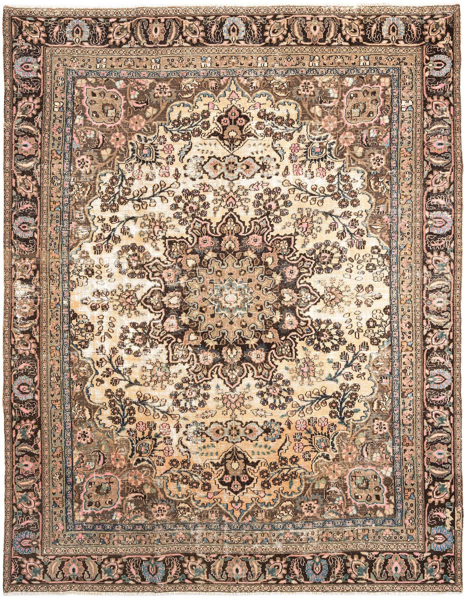 An 8x11 rectangular Hamedan Persian wool rug featuring a distressed floral medallion in browns, tans, and creams with hints of pink and blue.