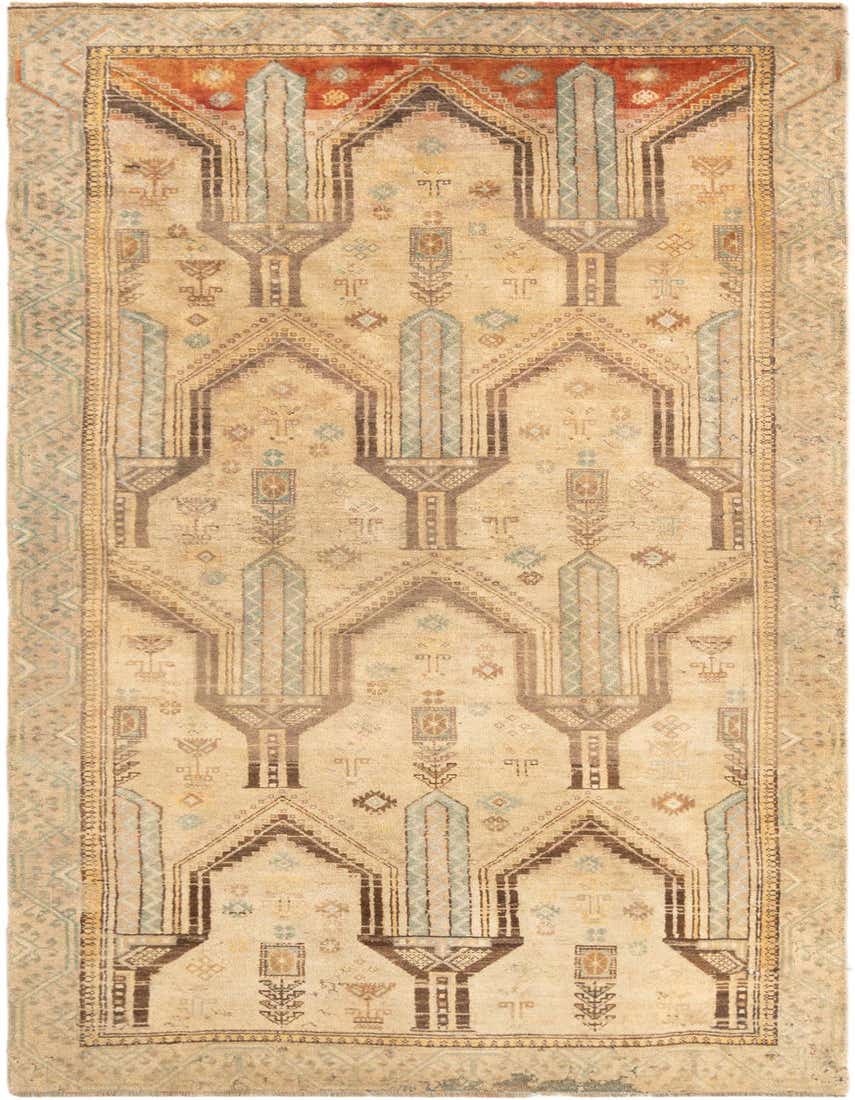 A 3x5 rectangular Hamedan rug featuring tribal and traditional patterns in browns, tans, and ivories.