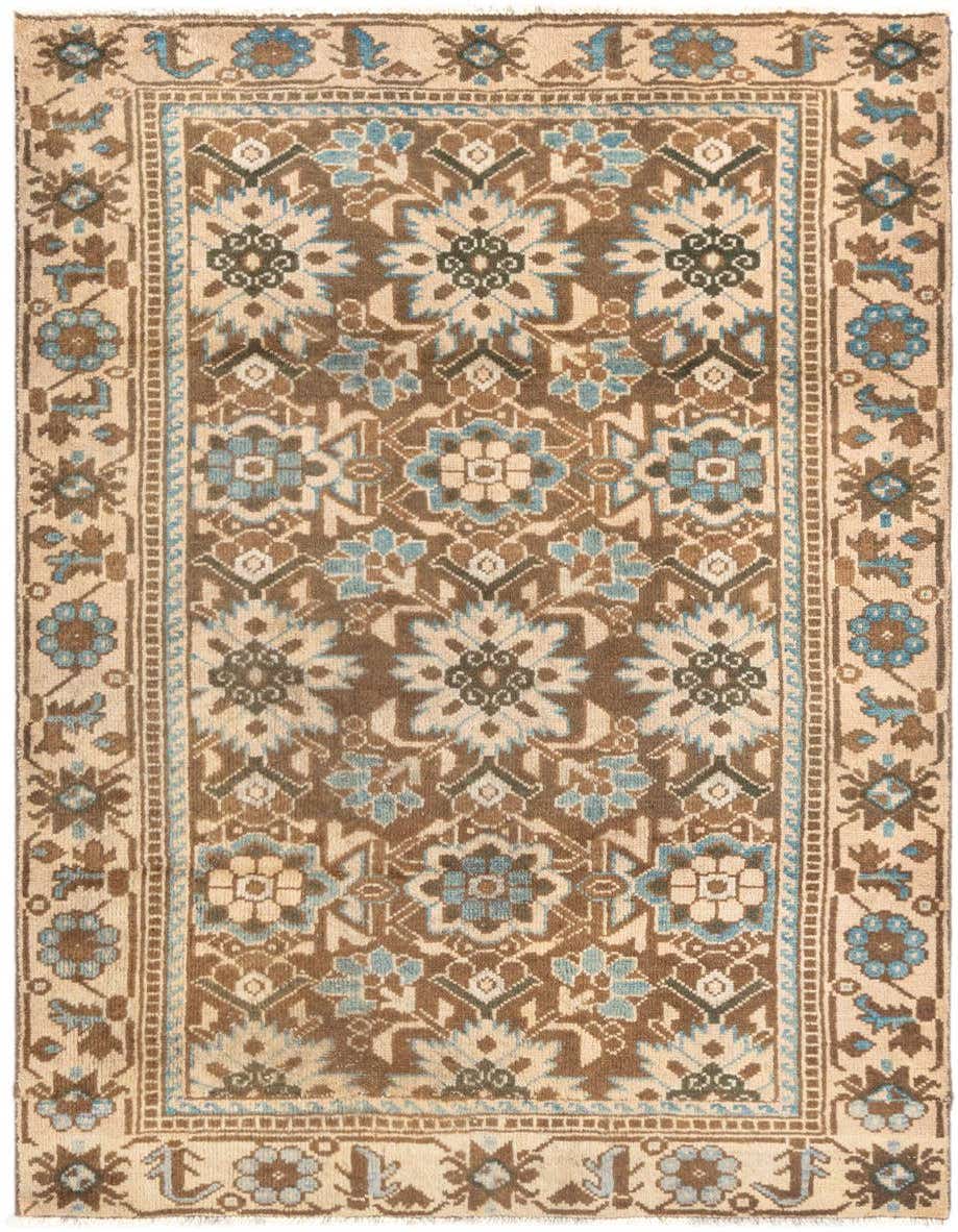 A 3x5 rectangular Hamedan wool rug featuring a traditional tribal pattern in browns, tans, creams, and light blue.