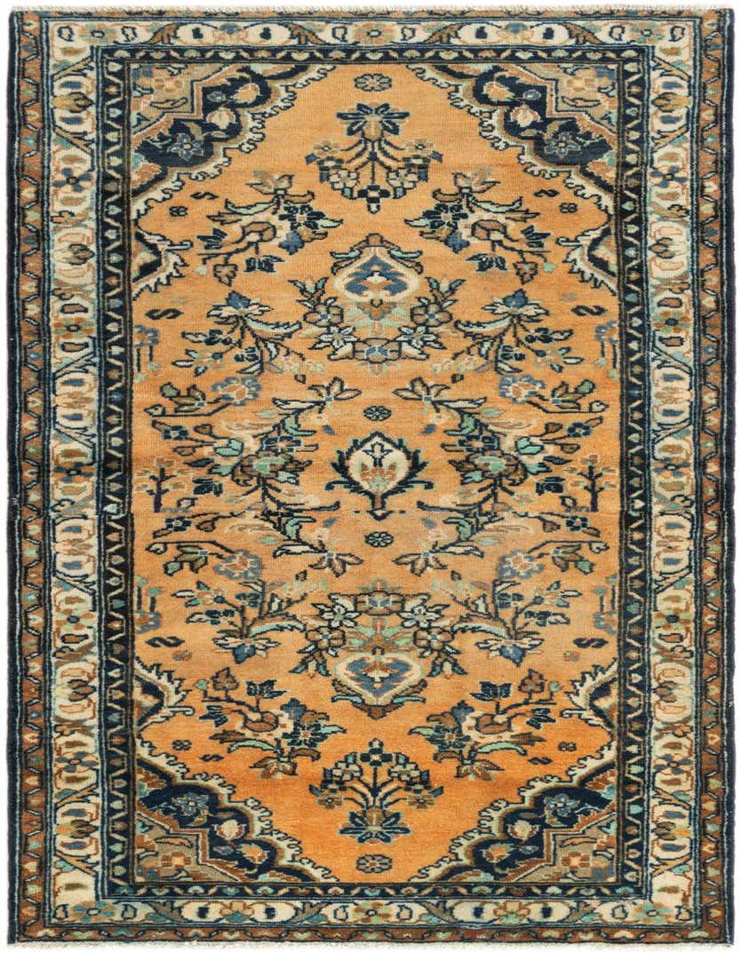 A 3x5 rectangular Hamedan wool rug with a tribal and traditional pattern in shades of brown, tan, and ivory.