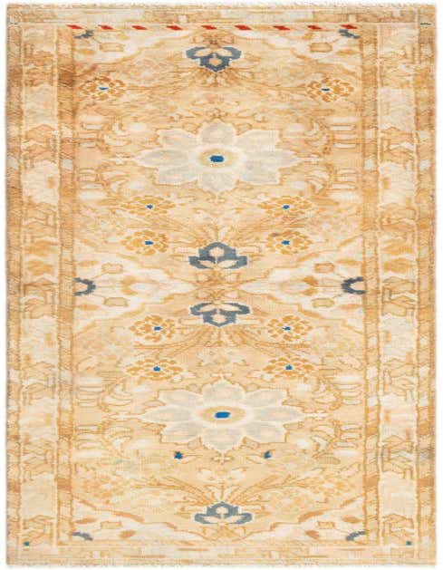 A 3x5 rectangular Hamedan wool rug featuring a traditional tribal pattern in warm brown, tan, and cream tones with subtle blue accents.