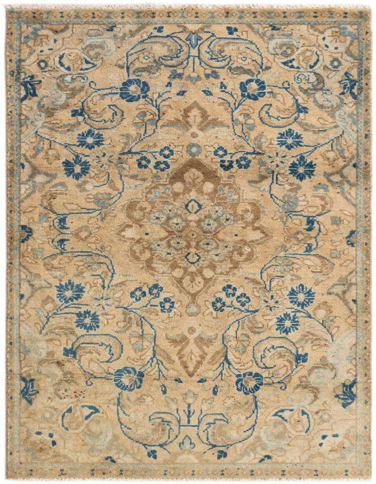 A 3x5 rectangular Hamedan wool rug in shades of brown, tan, and cream, featuring a traditional tribal floral pattern with blue accents.
