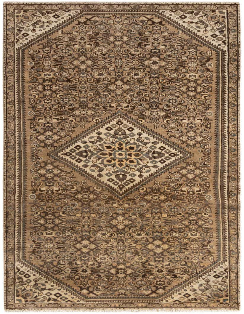 A 3x5 rectangular Hamedan wool rug featuring a traditional tribal pattern in browns, tans, and ivories.