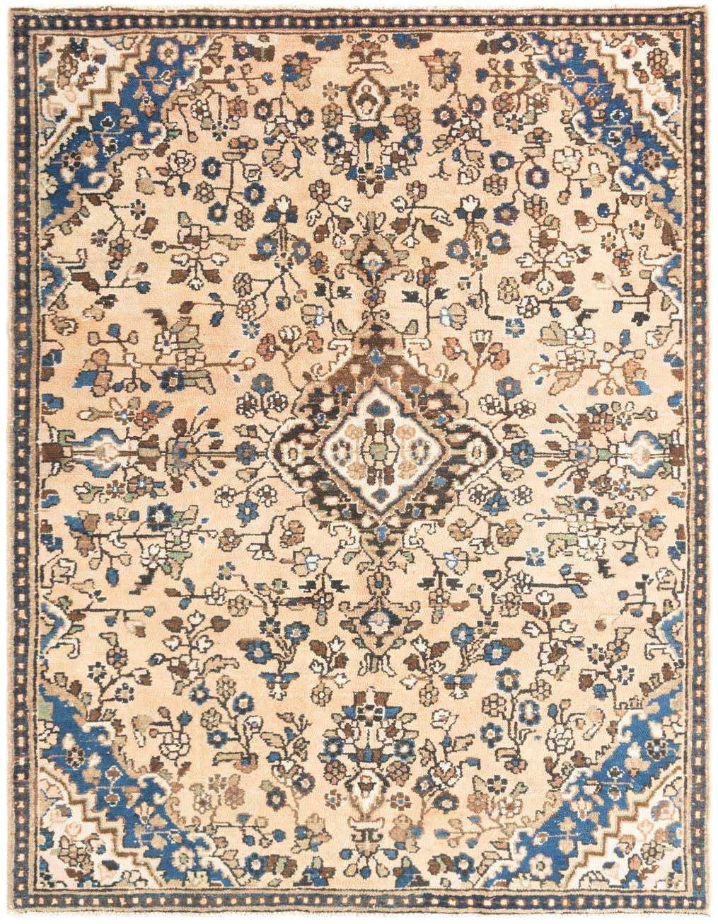A 3x5 rectangular Hamedan wool rug with a tribal and traditional pattern in brown, tan, and ivory colors, featuring a central medallion and floral motifs.