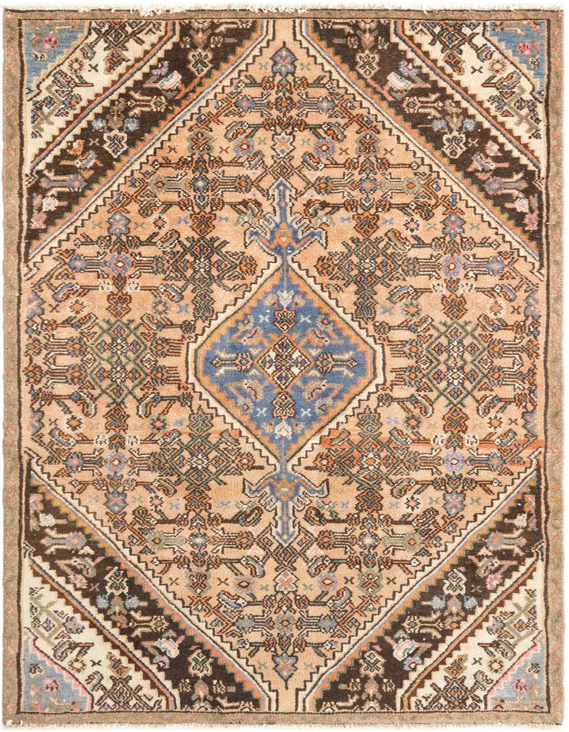 A 3x5 rectangular Hamedan wool rug featuring a tribal and traditional pattern in browns, tans, ivories, and blues.
