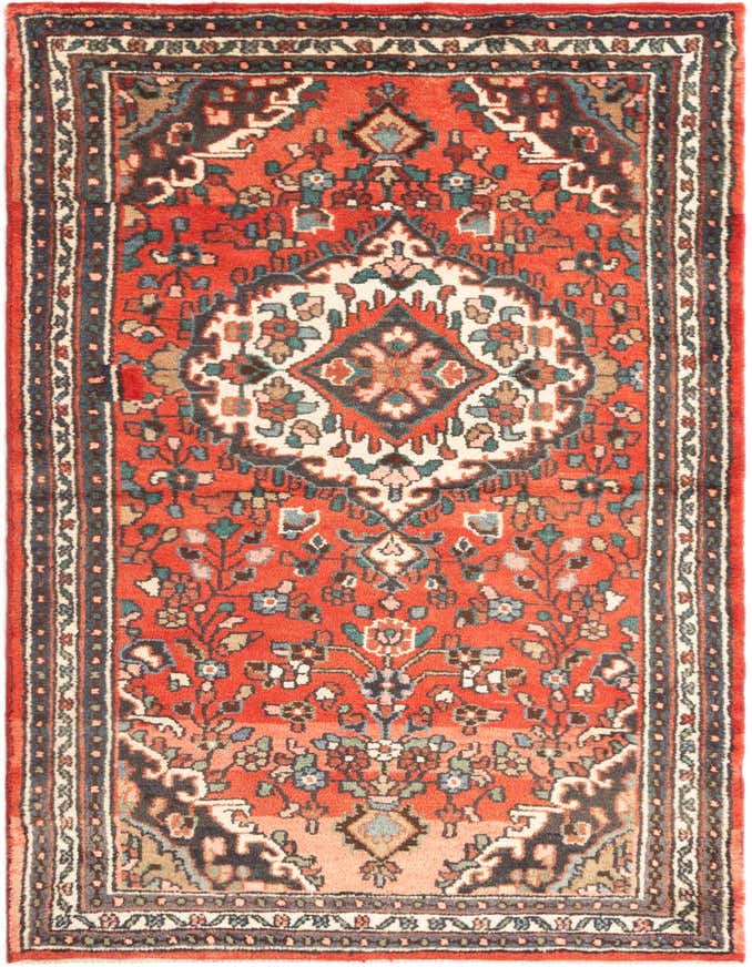 A 3x5 rectangular Hamedan wool rug featuring a rich red field with a central medallion and intricate tribal patterns in brown, ivory, and blue.