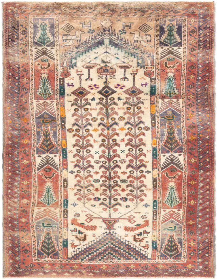 A 3x5 rectangular Hamedan wool rug with a tribal tree-of-life pattern in browns, creams, and muted reds, ideal for an entryway.