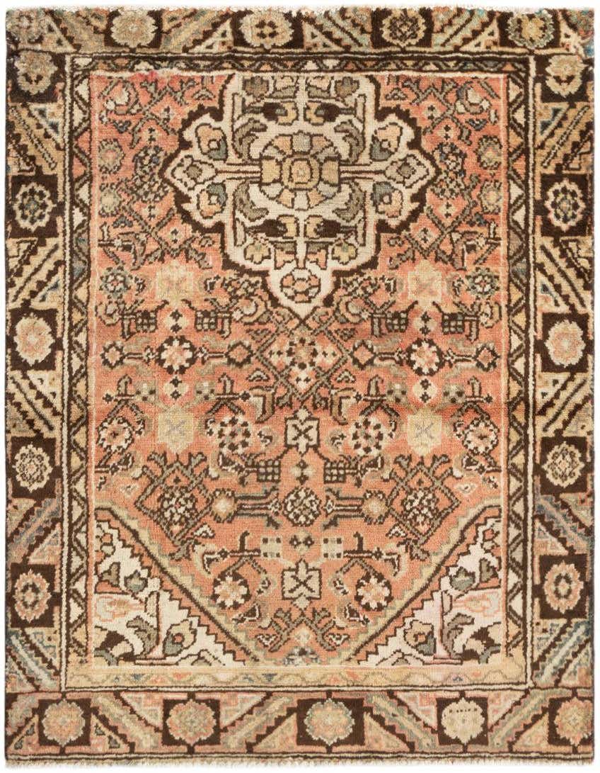 A 3x5 rectangular Hamedan tribal wool rug featuring a central medallion and geometric patterns in browns, tans, and creams.