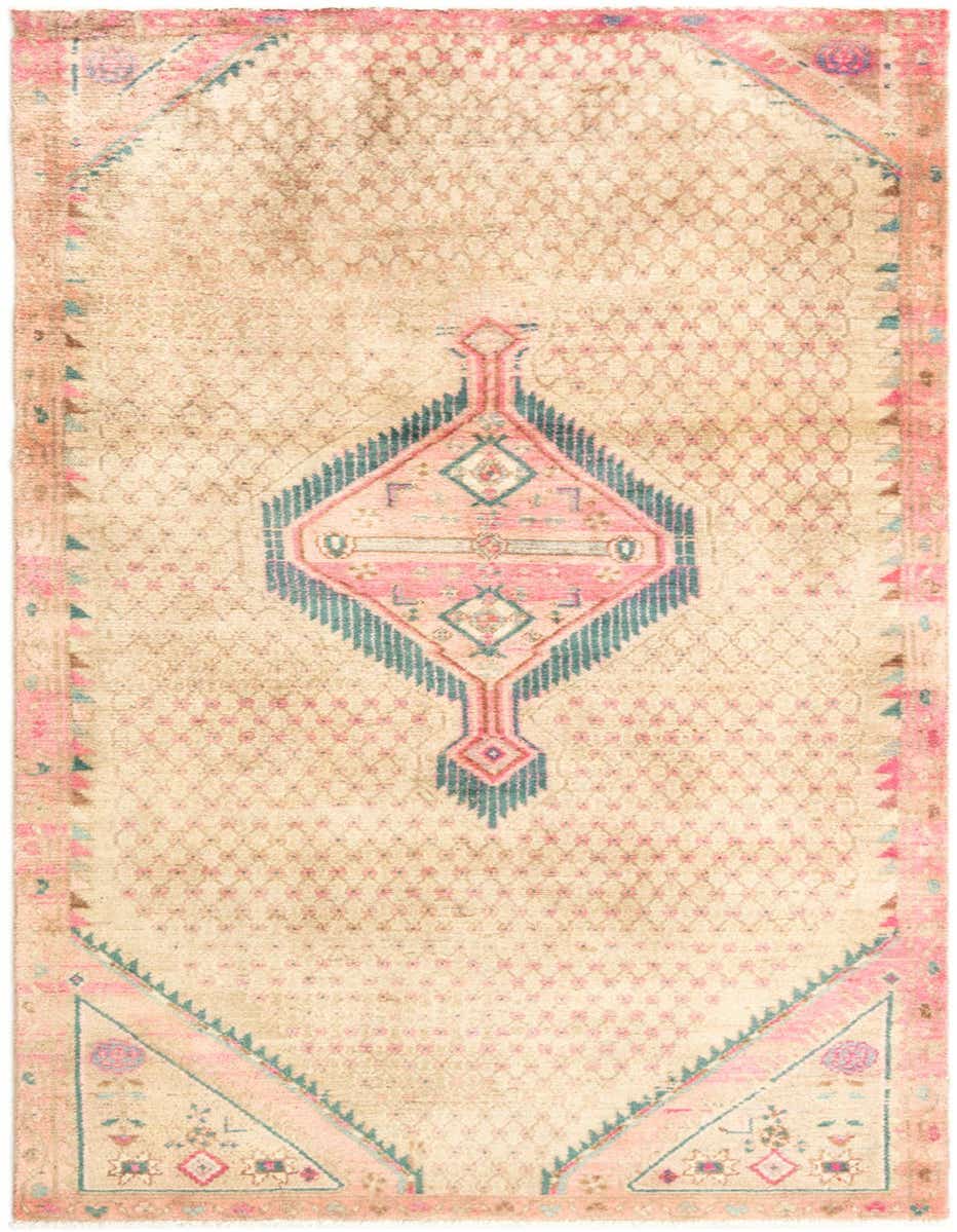 A 3x5 rectangular Hamedan wool rug featuring a tribal design in browns, tans, creams, and pinks, ideal for an entryway.