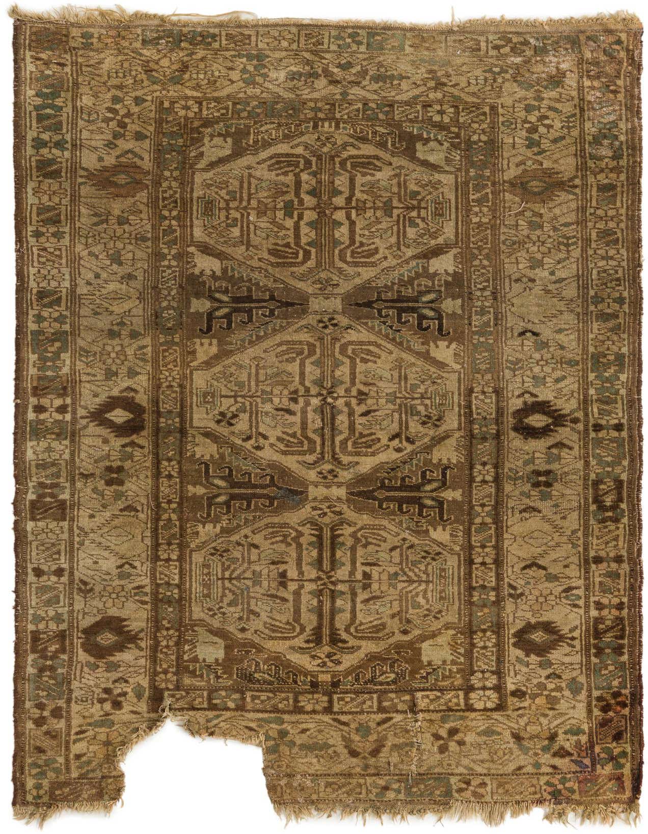 A 4x6 rectangular Hamedan wool rug in shades of brown and tan with intricate Persian tribal patterns, suitable for indoor use.