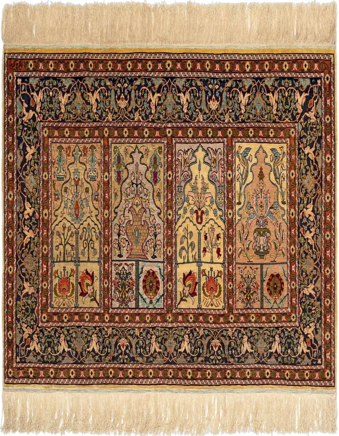 A 3x4 rectangular Persian silk rug featuring a complex multi-panel design in browns, tans, and creams with intricate floral and bird motifs, bordered by dark blue and red patterns, with cream fringes.